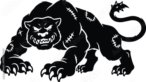 Tattoo flash crouching snarling black panther with stitched scars low angle close up bared teeth sharp claws aggressive pose menacing