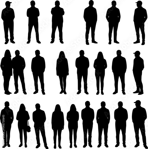 Vector silhouettes of young men, illustration. Silhouettes of young people posing in casual clothes. Transparent background EPS version.
