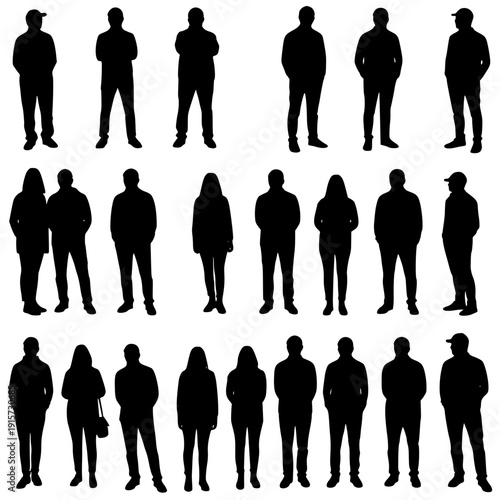 Vector silhouettes of young men, illustration. Silhouettes of young people posing in casual clothes. Transparent background SVG version.