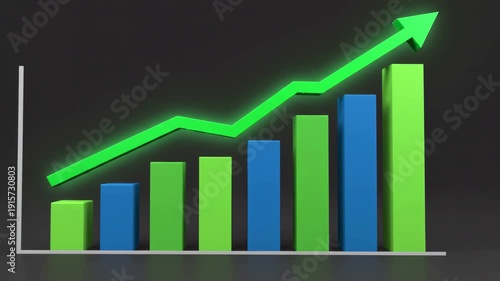 3D bar chart with upward trend and green arrow.
