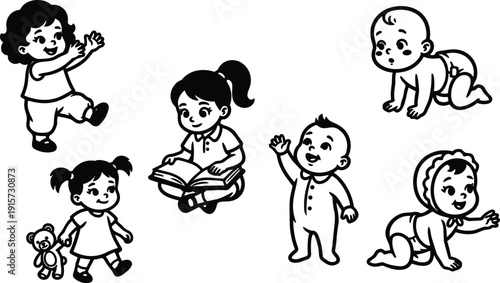 Retro cartoon line art children playing toddlers reading waving crawling baby girl with teddy bear joyful nursery scene collection vector