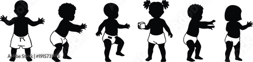 Silhouette vector row of six standing toddlers in diapers showing different poses holding a block side view minimal flat design