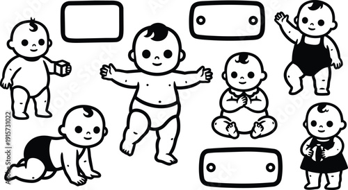 Retro cartoon line art vector set of seven smiling baby figures in playful poses wearing diapers dress simple outline