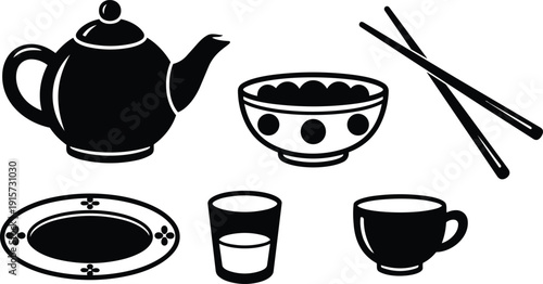 Flat design set of black kitchenware icons with teapot bowl chopsticks plate glass cup close up view isolated vector minimal