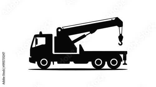 Tow truck silhouette with crane and hook on white background