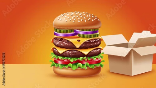 Delicious Double Cheeseburger with Fresh Lettuce and Tomato in a Cardboard Box.