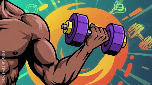 Muscular man lifting purple dumbbells in a vibrant fitness illustration.