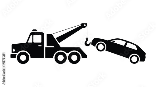 Tow truck towing a car with a hook in a simple graphic