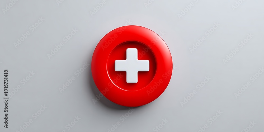 Obraz premium Red button with white plus sign on gray background