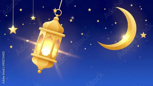 Golden Lantern and Crescent Moon in Starry Night Sky.