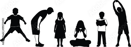 Minimalist silhouette vector of children in varied poses jumping bending reading sitting cross legged stretching looking down holding book playful
