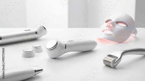 Skincare devices on white table including facial roller, microcurrent tool, and LED mask. Skincare routine features essential tools for rejuvenation and treatment.