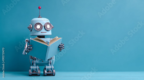 Robot reading book in front of blue background
