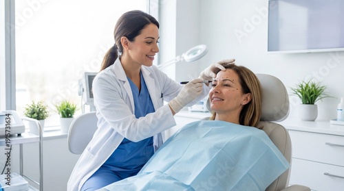 Professional administering botox treatment to patient in clinic setting, practitioner using syringe for cosmetic procedure on forehead.