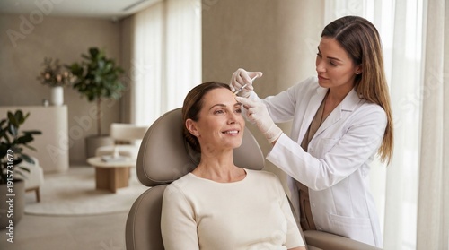 Professional woman receiving botox treatment in modern clinic with experienced practitioner administering injections. Medical aesthetics and skin rejuvenation procedure prioritize client comfort.