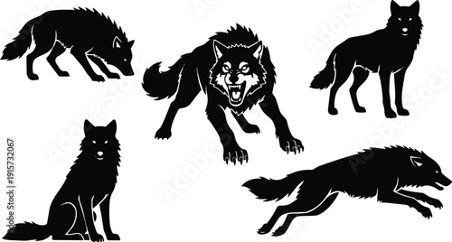 Silhouette vector pack of five wolves snarling running leaping and standing in varied poses isolated on white background bold graphic