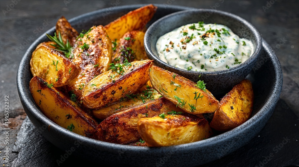 Fototapeta premium Crispy golden potato wedges accompanied by a flavorful herb and garlic dipping sauce