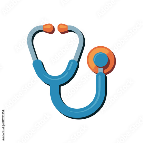 A stethoscope with a blue tube and orange earpieces on a white background