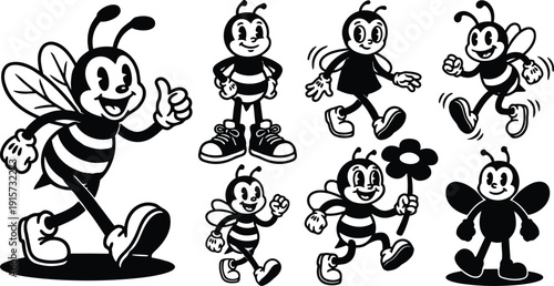 Retro cartoon rubber hose bee mascot walking with thumb up wearing sneakers holding flower mid stride smiling cheerful vector sheet