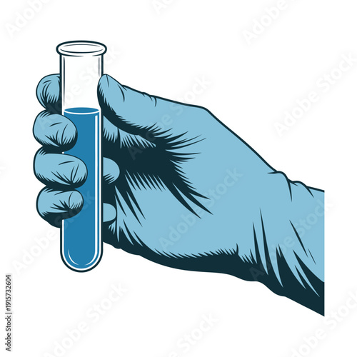 A gloved hand holding a test tube filled with blue liquid on a white background