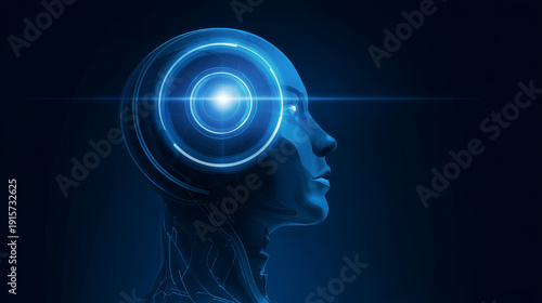 An abstract humanoid robot face with a circle light neon HUD element into a head. Digital brain concept. AI agent or asisstent. Artificial Intelligence cyborg. Technology blue vector illustration.
