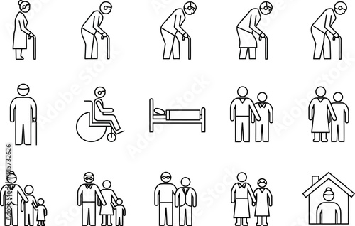 Line art icons depicting elderly people healthcare family and assisted living scenarios high quality professional detailed