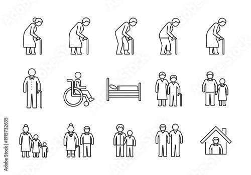 Line art illustrations depicting elderly people healthcare family and assisted living concepts high quality professional detailed