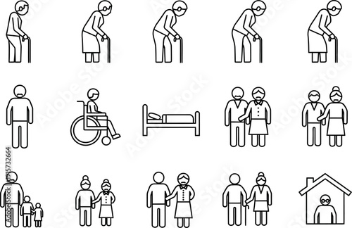 Line art icons depicting elderly people disability family and home healthcare concepts high quality professional detailed