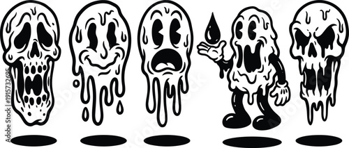 Tattoo flash melting skull characters in a row with expressive faces dripping liquid mid angle black line art halloween