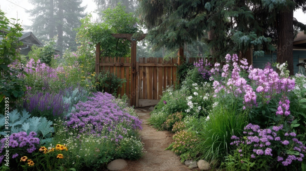 Obraz premium Colorful Flower Garden Pathway with Wooden Gate Surrounded by Lush Greenery and Vibrant Blooms in Soft Morning Light