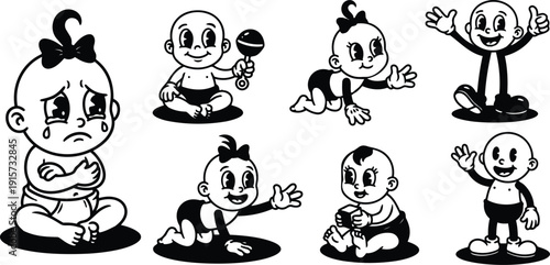 Retro cartoon vector baby character set crying sitting crawling holding rattle waving smiling various poses bold line art isolated icons