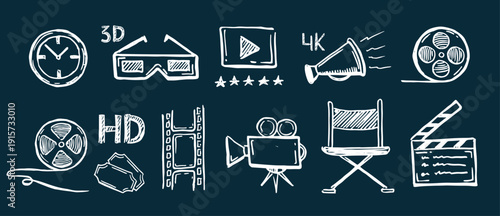 Hand-drawn Cinema and Film Production Icons Collection