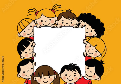 A group of diverse children cheerfully surround and hold a blank white rectangular sign high quality
