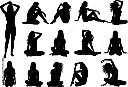 Collection of diverse yoga poses depicted as black silhouettes against a white background high quality professional
