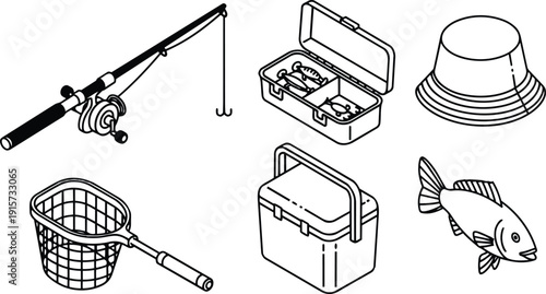 Isometric line art fishing gear set close up vector icons showing rod reel tackle box net hat cooler and fish
