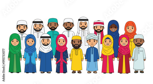 A large and diverse group of cartoon Muslim men and women standing together, all adorned in colorful traditional Islamic attire.