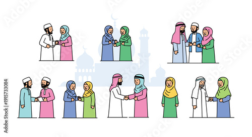 A collection of illustrations depicting Muslim men and women engaging in friendly greetings and handshakes in various social settings.