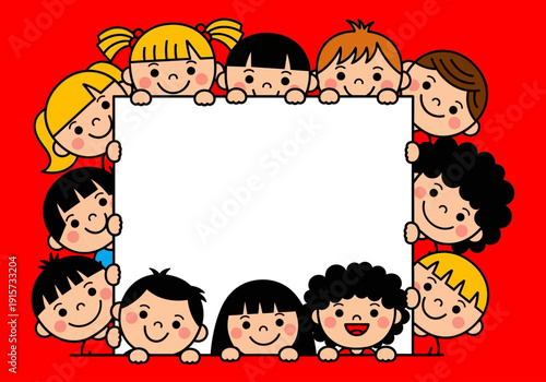 A group of diverse children peek around a blank white frame on a vibrant red background