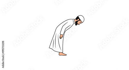 An illustration of a Muslim man bowing forward in a ruku' prayer position, wearing traditional white attire and a kufi cap.