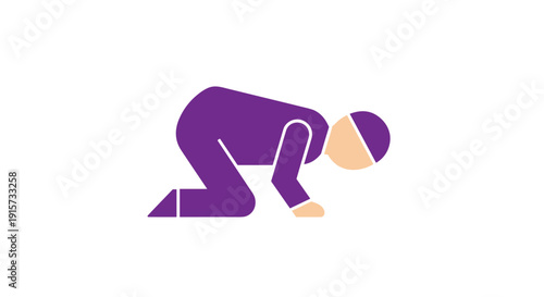 A minimalist graphic icon showing a Muslim individual in a full prostration pose, known as sujud, during traditional Islamic prayer.