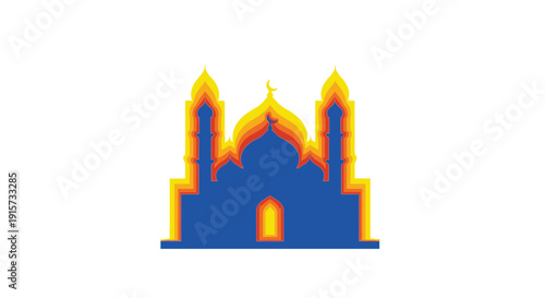 A mosque silhouette is depicted in a layered, paper-cut style with vibrant blue, yellow, and orange colors.