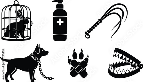 Graphic animal cruelty icons rabbit in cage chained dog jaw trap whip medical bottle paw bandage symbols awareness veterinary warning