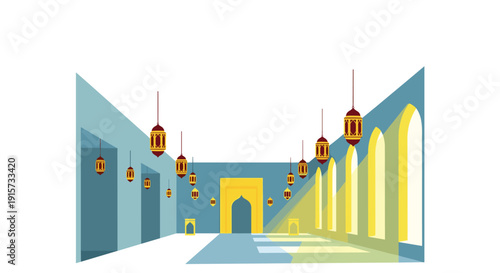 An empty mosque interior hallway features traditional Islamic hanging lanterns, arched doorways, and sunbeams illuminating the blue floor.