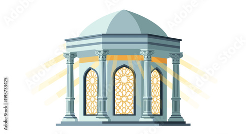 An ornate Islamic shrine or gazebo displays a dome, classical columns, patterned arched windows, and radiating golden light.