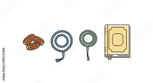 Dates, two colorful Islamic prayer beads, and a sacred Quran book are neatly arranged on a minimalist white background.