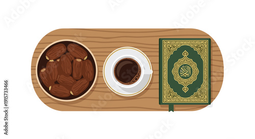 A bowl of dates, a coffee cup, and a green Quran sit on an oval wooden tray, viewed from above.