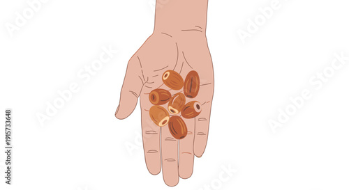 A hand holding several brown dates in an open palm.