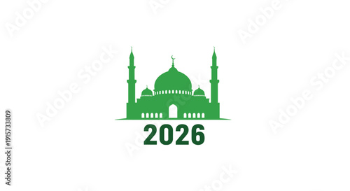 A detailed green silhouette of a mosque with multiple domes and minarets is displayed above the year 2026.