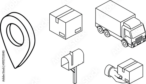 Isometric line art delivery icons set with location pin box truck mailbox hand holding package front angle outline vector minimal