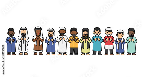 A diverse group of Muslim men and boys in various traditional garments stand together, raising their hands in prayer.